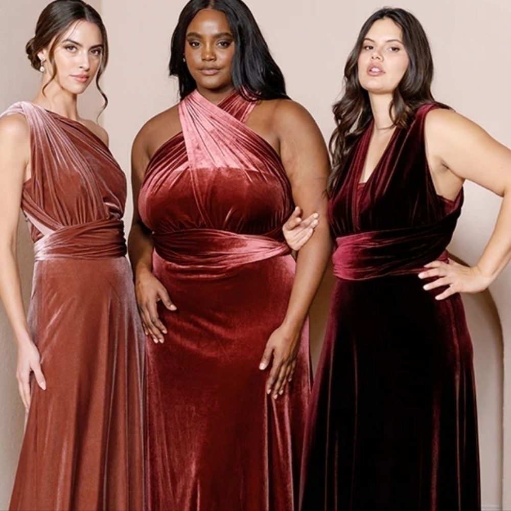 Revelry Velvet Convertible Gowns in Rust, Burgundy, Wine